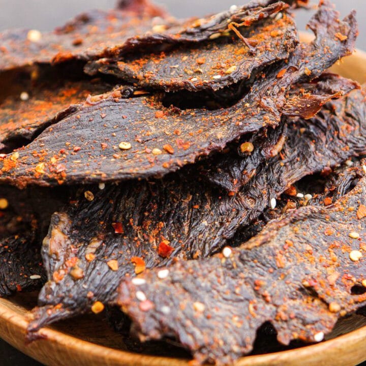 elk jerky in a wooden bowl