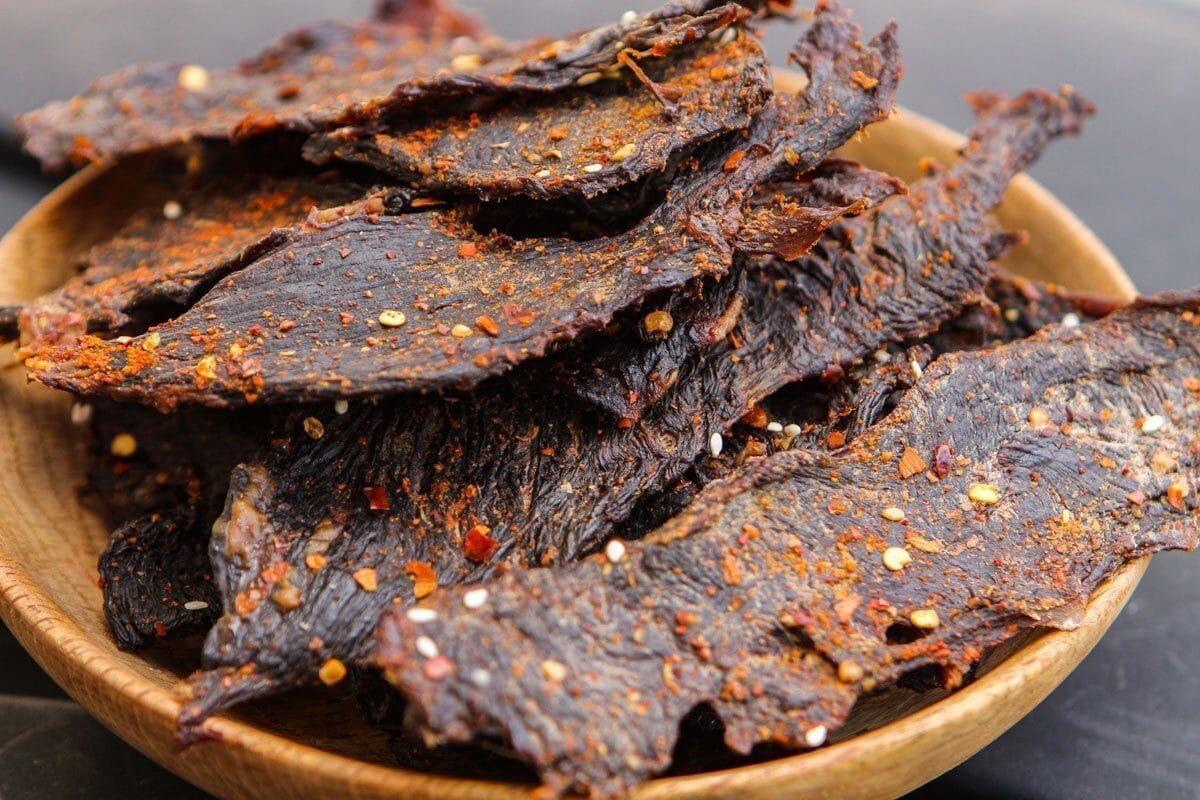 spicy game jerky in a bowl