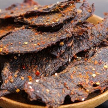 spicy game jerky in a bowl