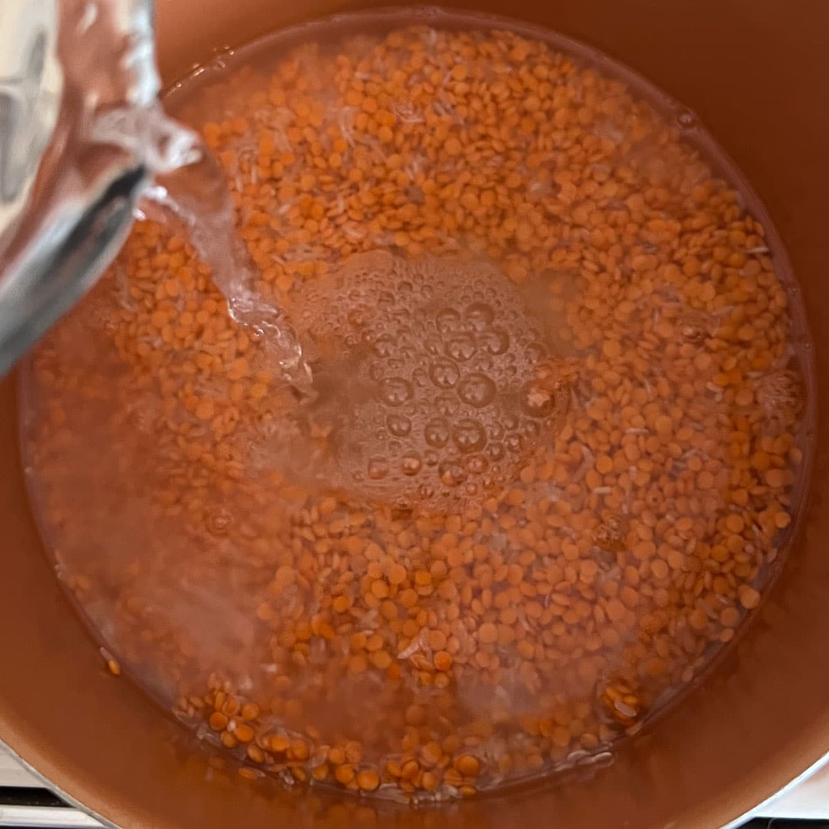 adding water to lentils and rice