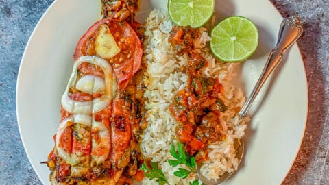 Masgouf and rice on a plate