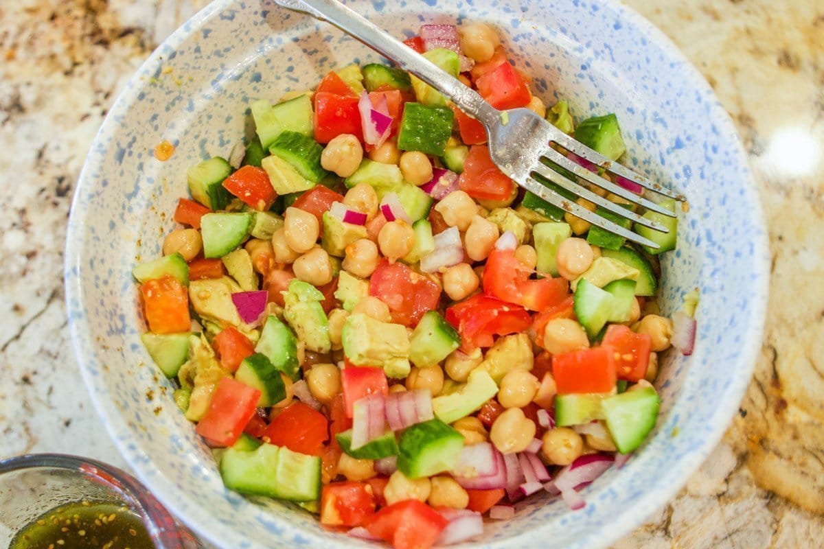 chickpea salad in a spotted bowl