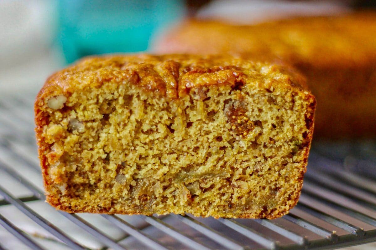 sliced fig bread  on a cooling rack