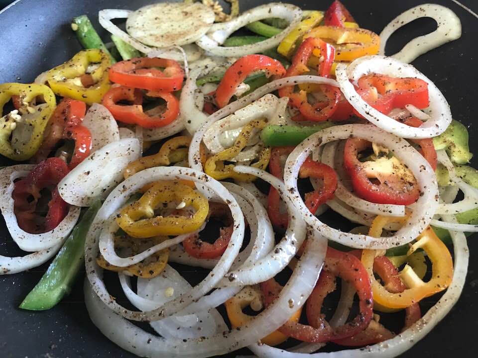 onions, peppers sliced