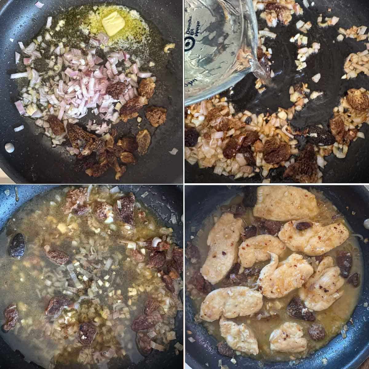 steps to sauteeing shallots and mushrooms and cooking chicken scallopini