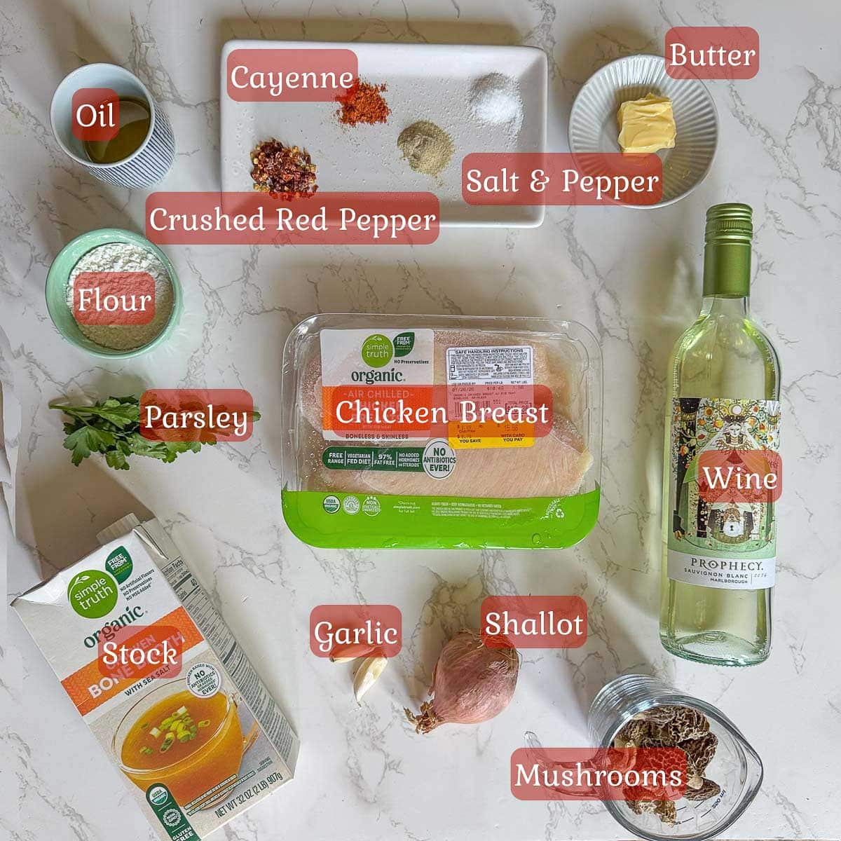 chicken scallopini recipe ingredients including chicken wine, mushrooms, spices etc