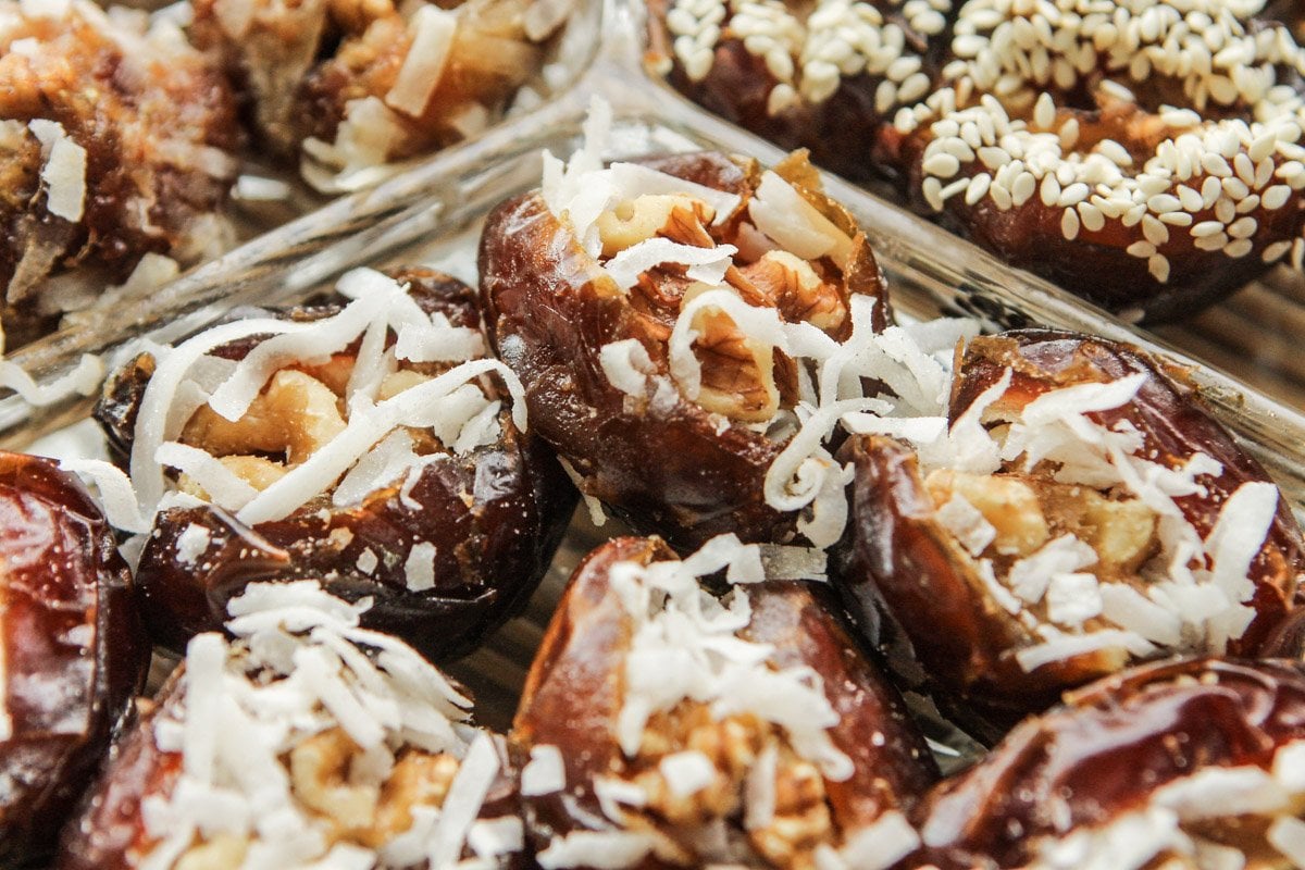 dates stuffed with nuts  and sprinkled with coconut
