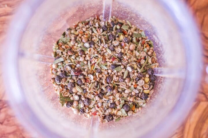 corned beef spices in a spice grinder