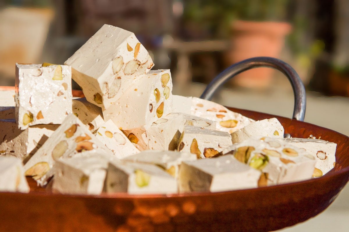 nougat cut in squares on a tray