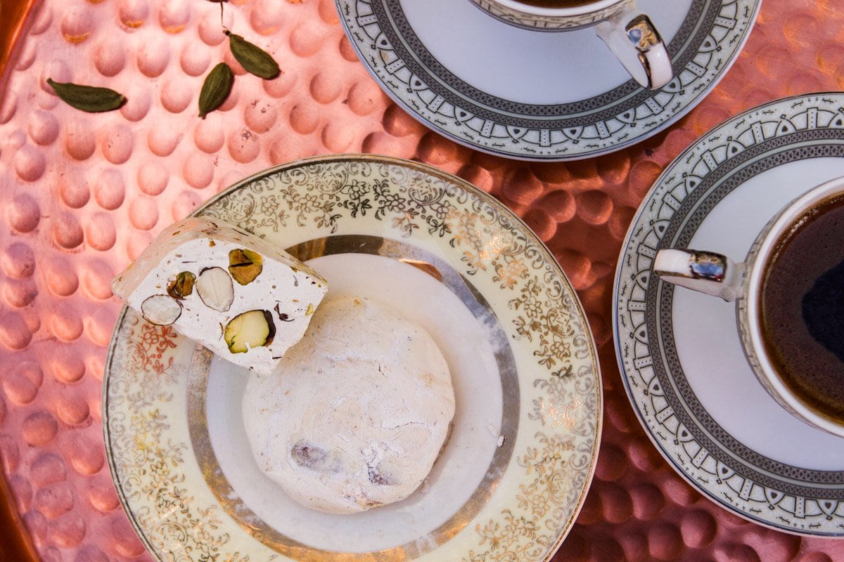 mann al sama and Turkish coffee on a copper tray