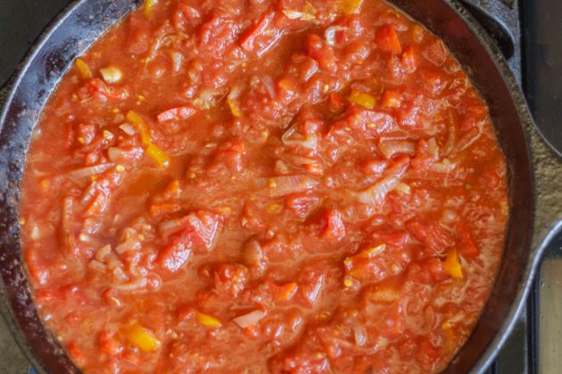 tomato sauce in a cast iron pan