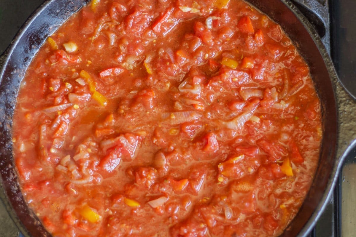 tomato sauce in a cast iron pan