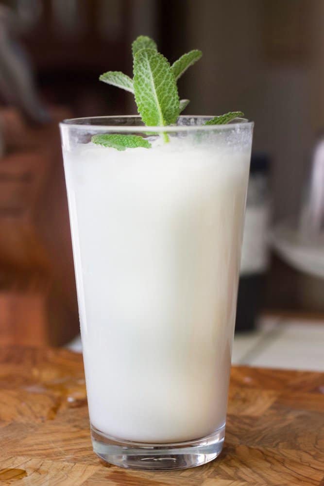 yogurt drink with a mint sprig