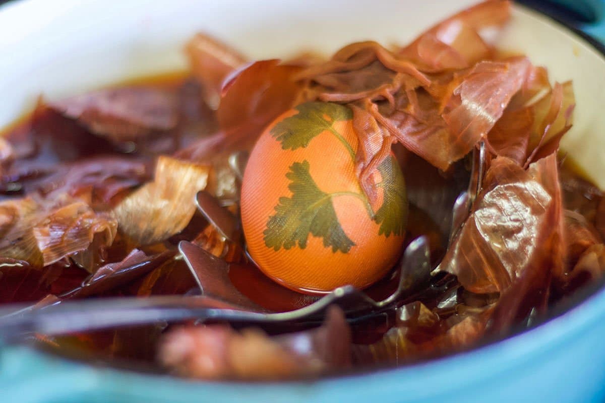 Easter eggs in a pot of onion skins