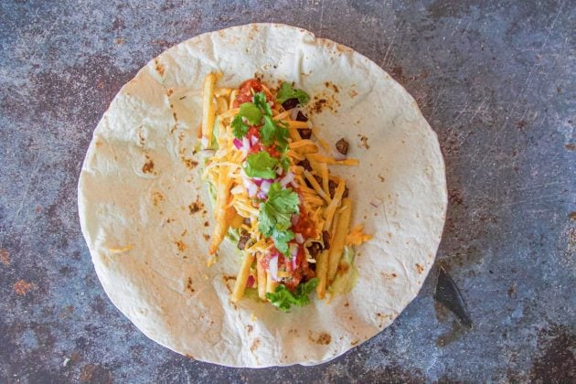 california burrito with meat cheese fries salsa and cilantro