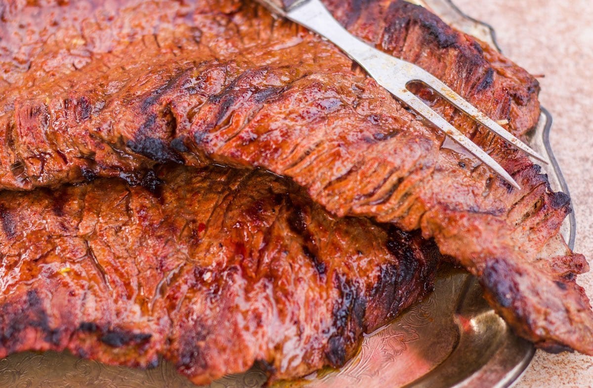 grilled meat on a tray with fork