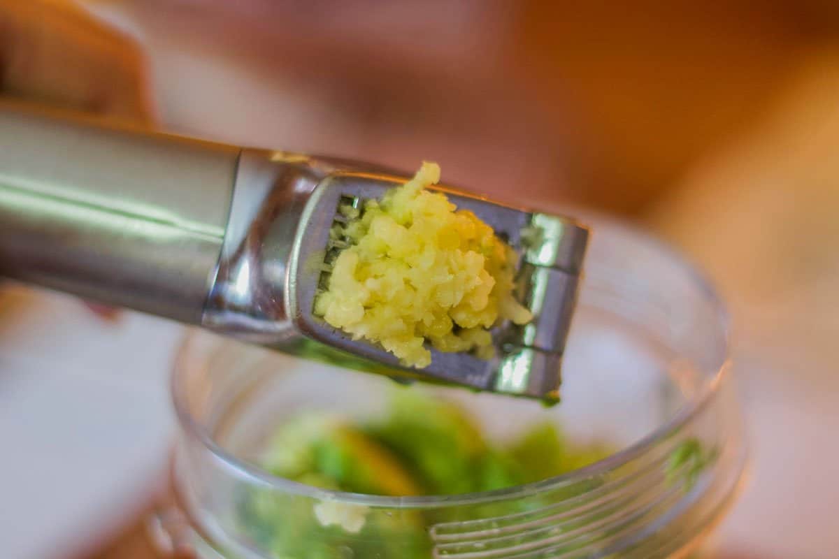 crushed garlic in a garlic press