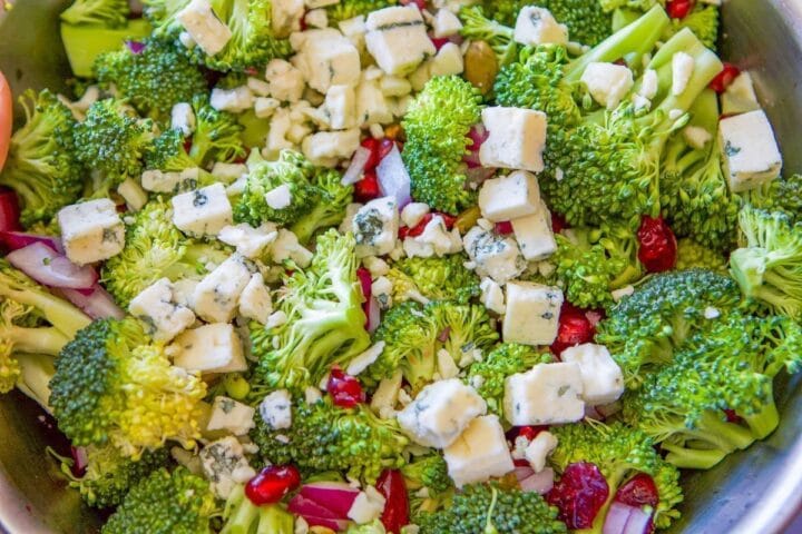 healthy broccoli salad in a silver bowl