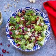 broccoli salad with dressing and red napkin