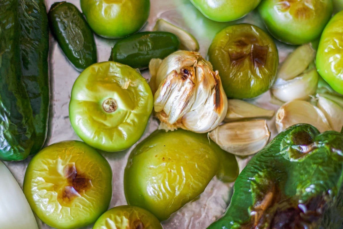 broiled tomatillos, peppers, garlic, and onions