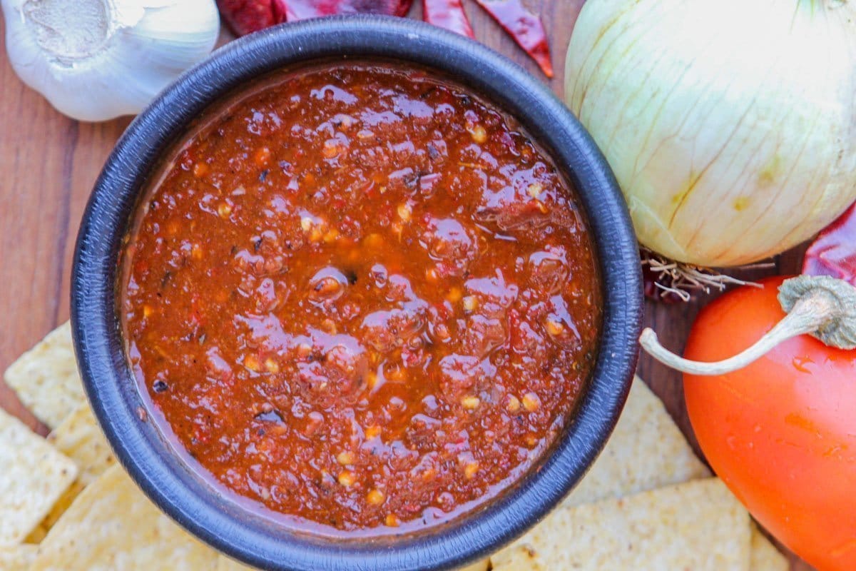 fire roasted salsa in a black bowl