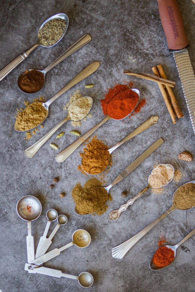 baharat spices in spoons