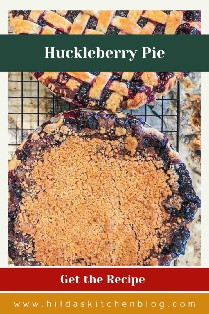 2 huckleberry pies. One with lattice top and the other with crumb topping.