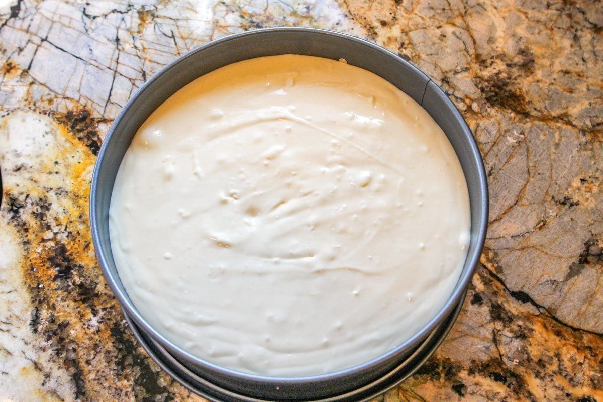 unbaked cheesecake on the counter