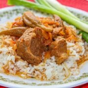 okra stew over rice with scallions