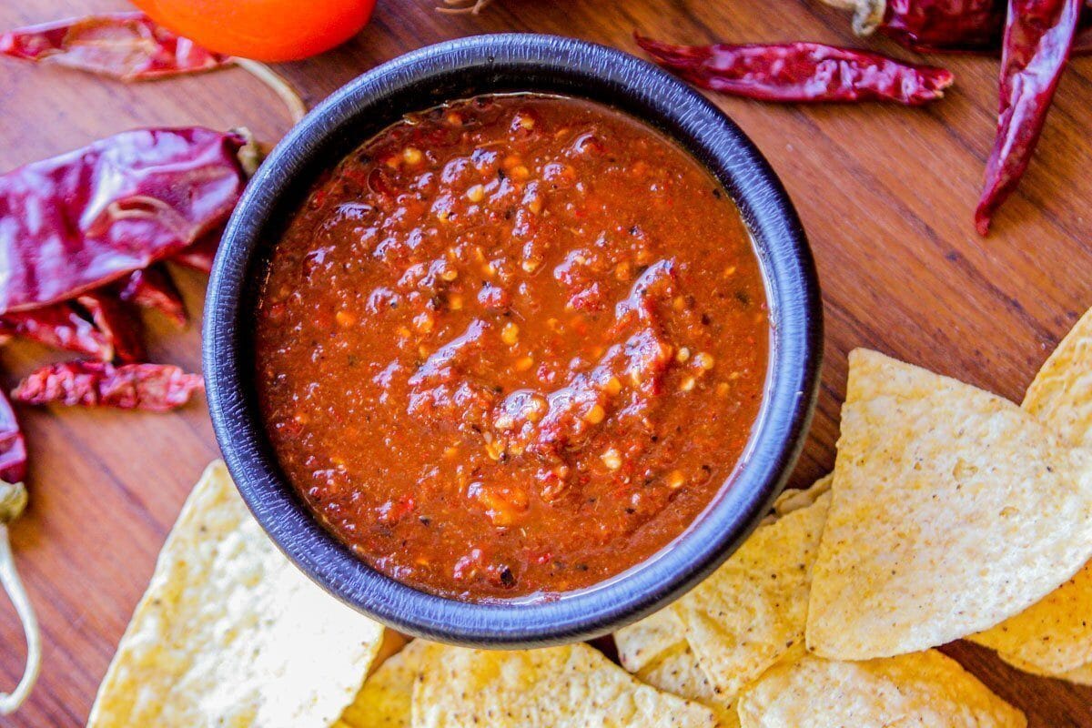 fire roasted salsa recipe in a bowl with chips