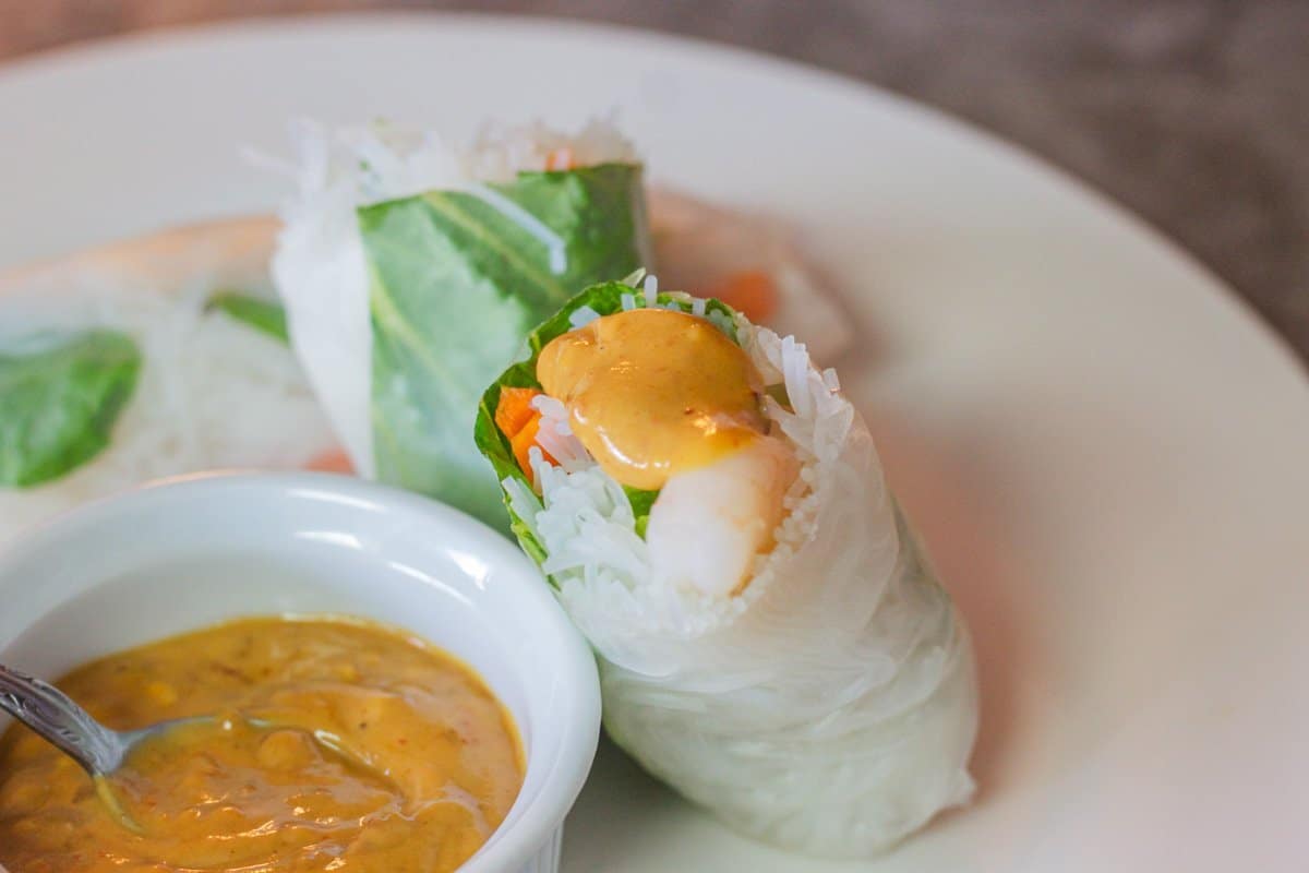 Vietnamese Spring Roll on a white plate with dipping sauce