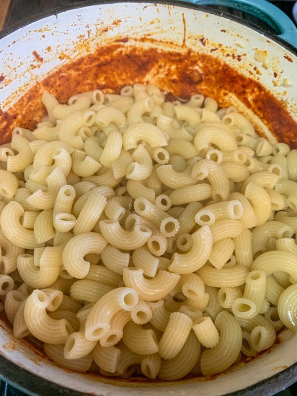 cooked elbow pasta in a pan