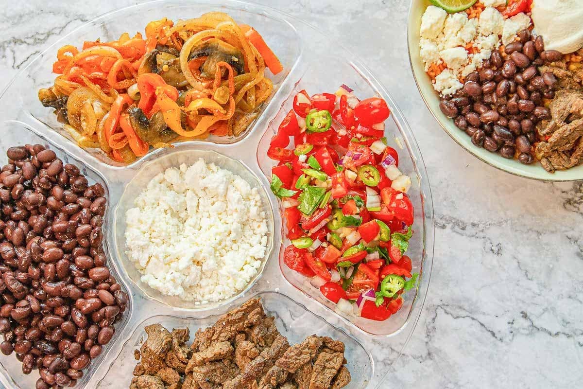 Mexican rice bowl fixings.