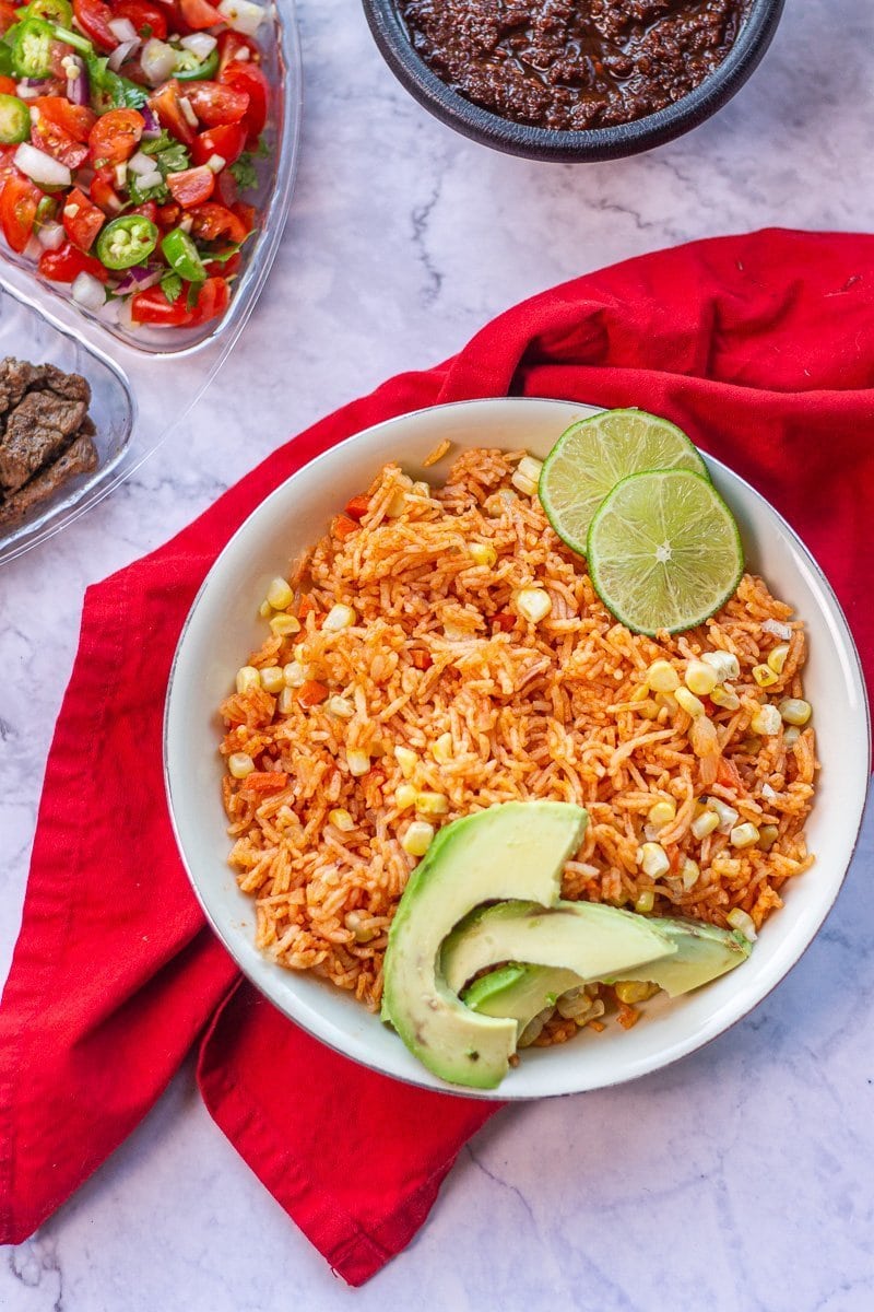 Mexican rice bowl on a red napkin