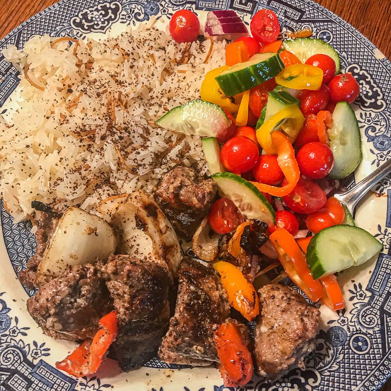 kabob, veggies and rice