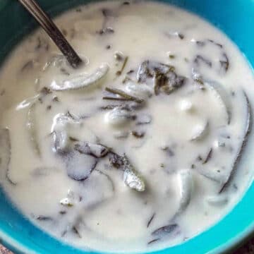 yogurt soup in a blue bowl