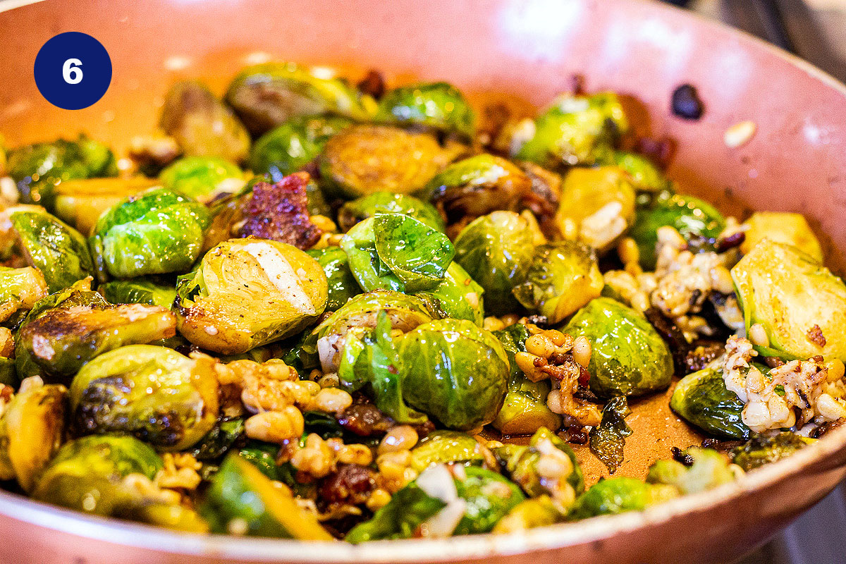 roasted brussel sprouts with bacon, cheese, and pine nuts