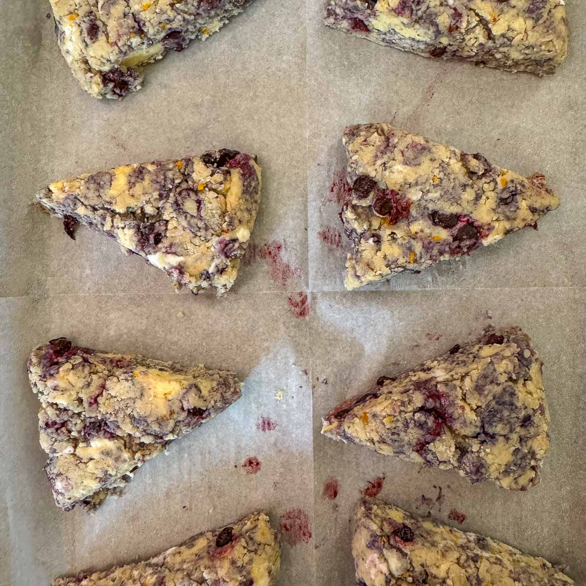 unbaked huckleberry scones on parchment lined tray