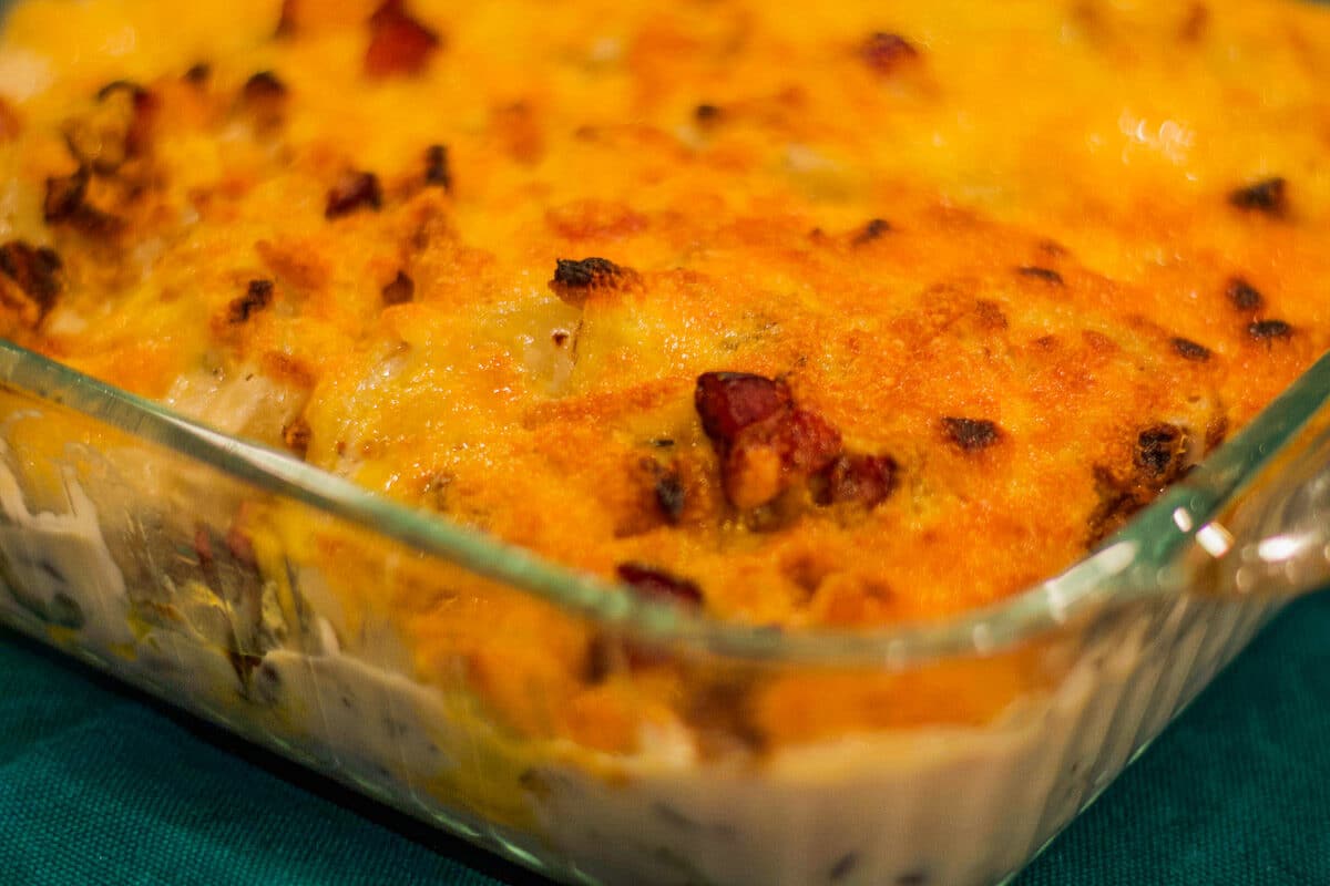 close up of scalloped potatoes in a pan