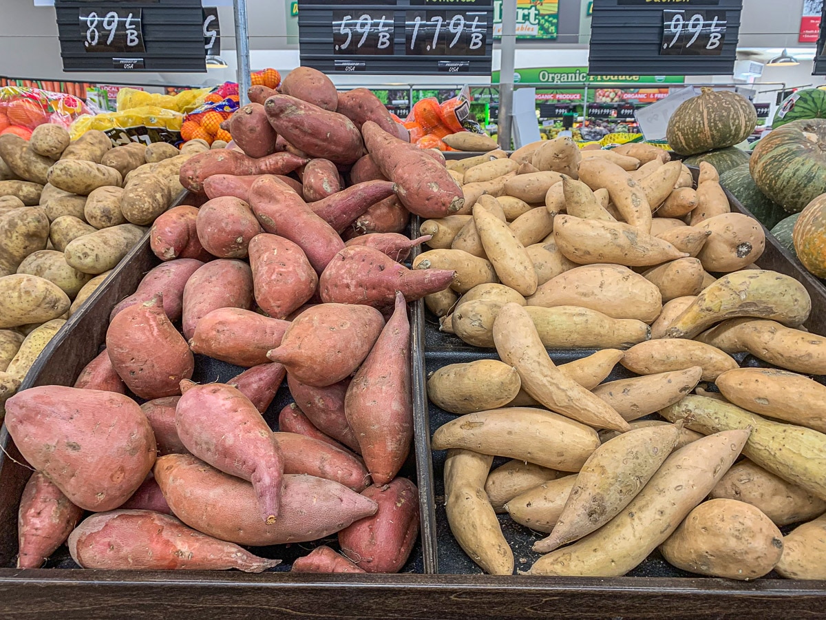 sweet potatoes in a grocery store
