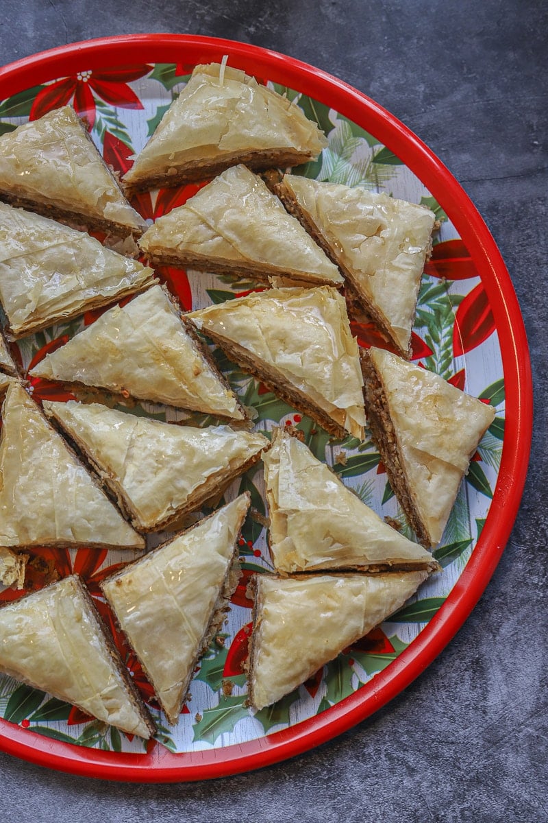 sliced baklawa on a holiday plate