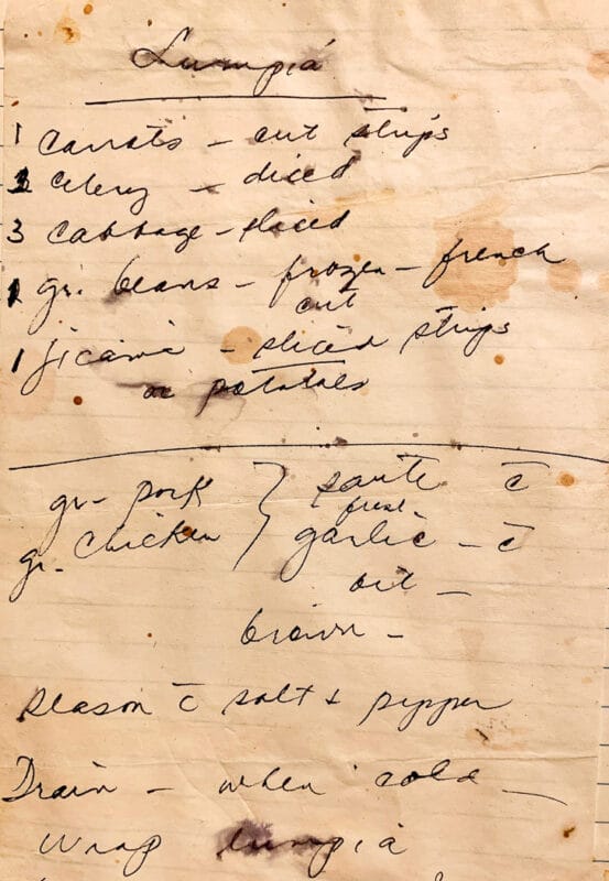 lumpia recipe written on paper