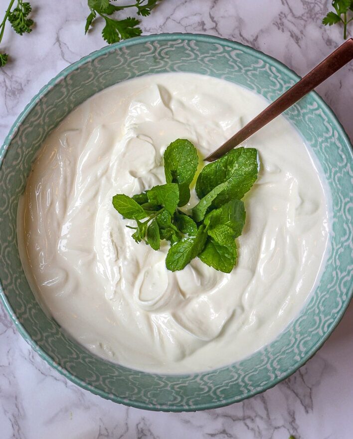 bowl of yogurt with mint in the middle