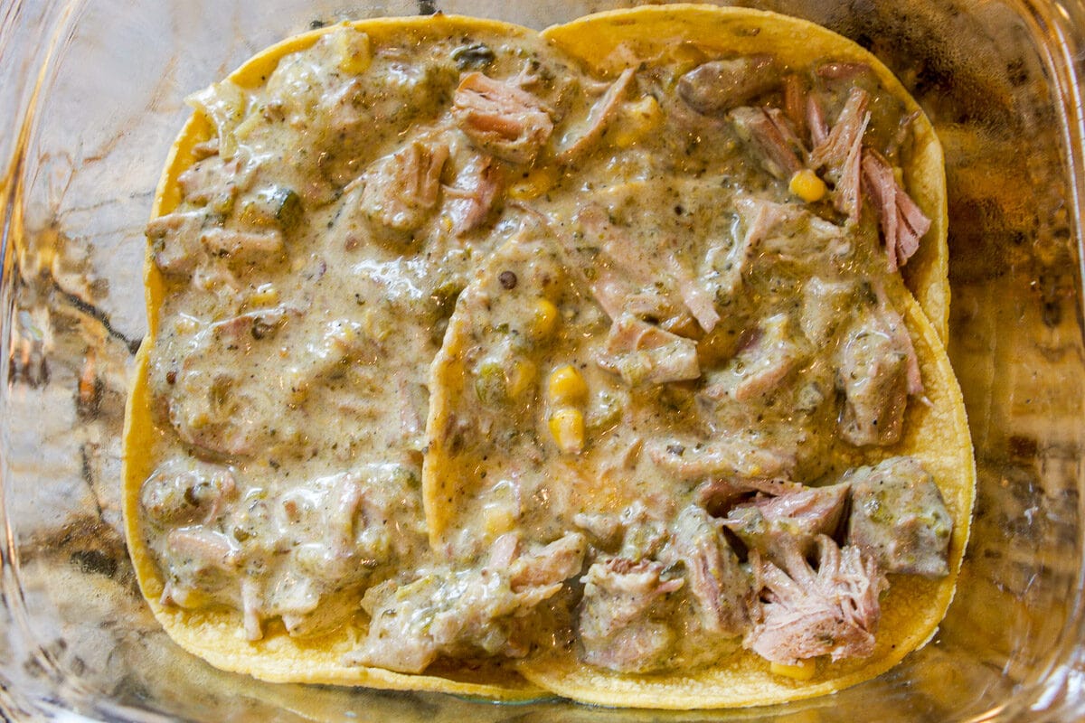 tortillas layered with chili verde