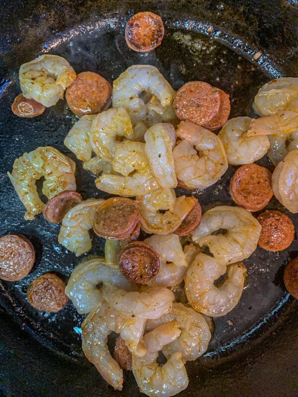 shrimp and sausage in a pan