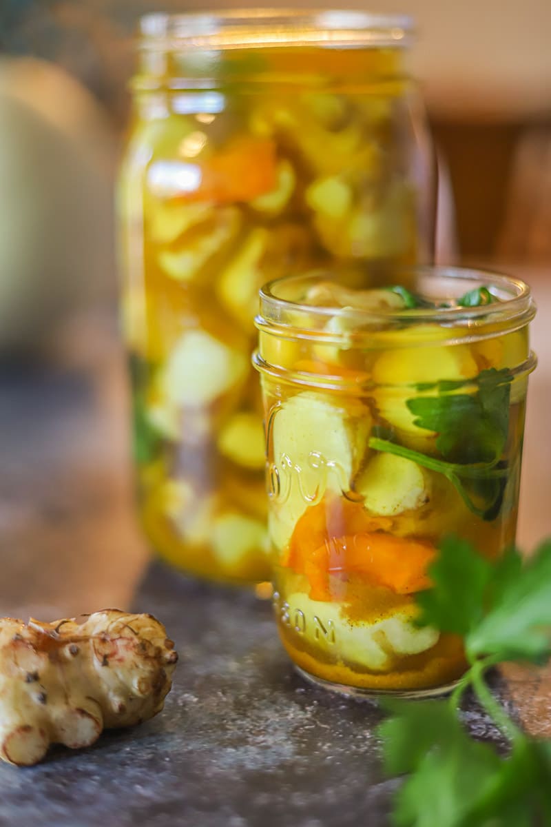pickled sunchokes in jars