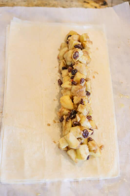 fllo dough with apples and raisins filling
