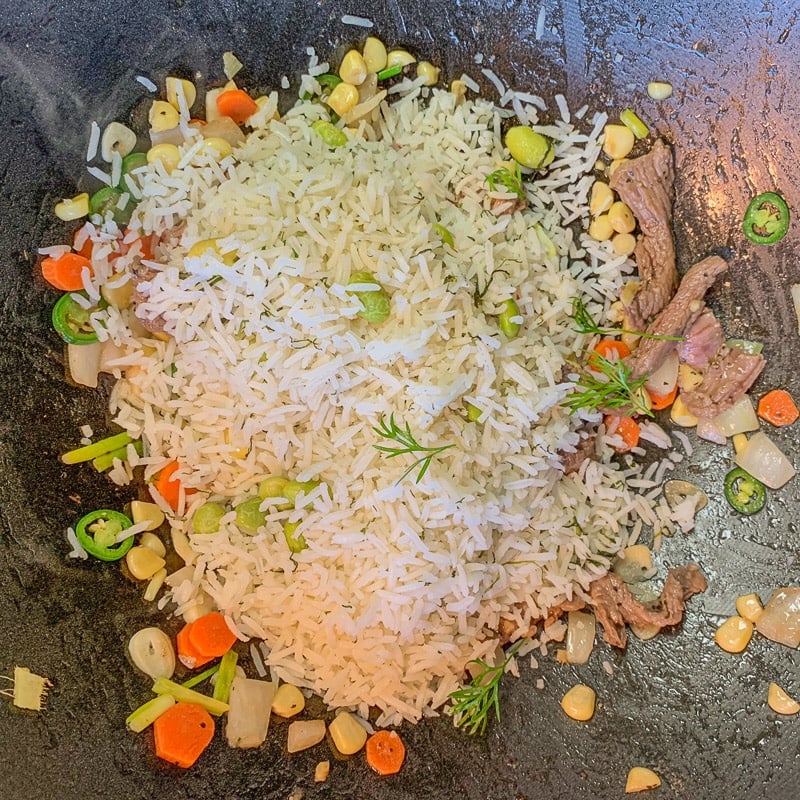 fried rice in a frying pan