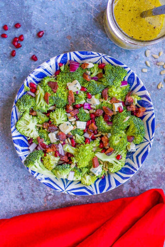 broccoli salad with a red napkin