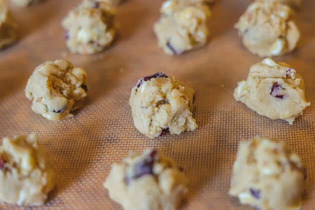 raw cookie dough on baking sheet